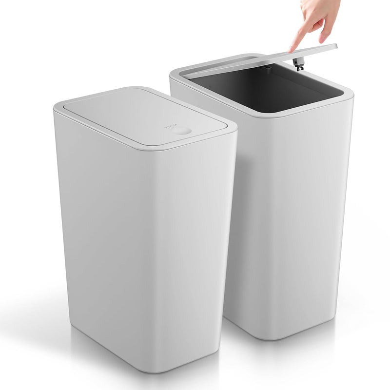 TIPGO Bathroom Trash Can with Lid, 4 Gallon / 15 Liter Small Garbage Can, Press Top Bin, Plastic Wastebasket with Pop-Up Lid for Bedroom, Living Room, Office (Grey, 2 Pack) - Image 1